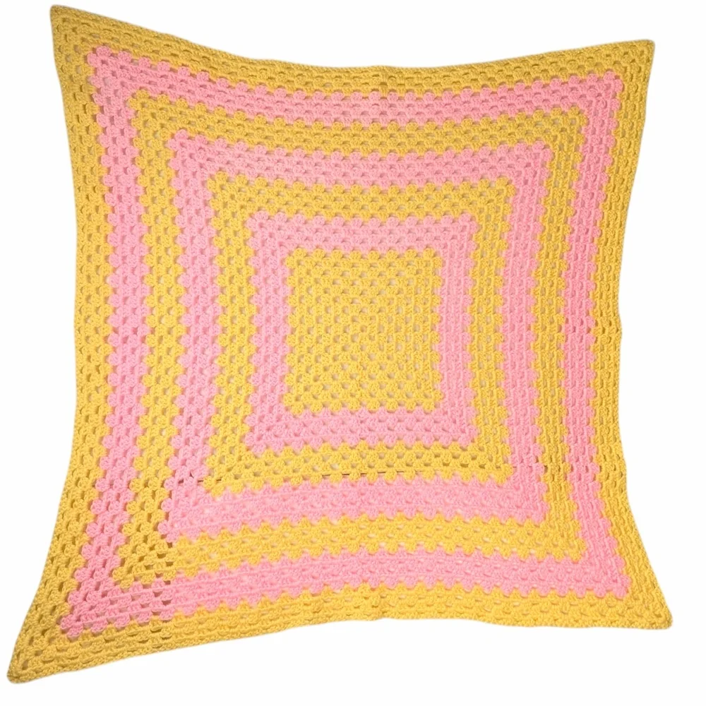 Vintage Crochet Baby Blanket Granny Square Star Shaped Pink Yellow 37